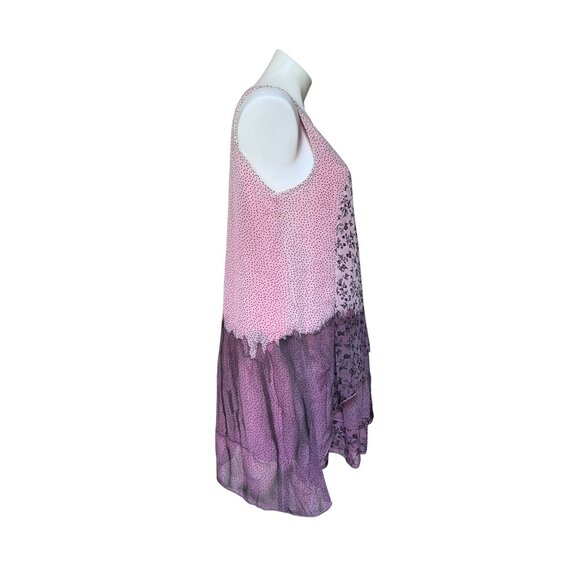 Y2K Fairycore Pink Floral & Polka Dot Chiffon Tunic Top With Asymmetrical Hem - Picture 2 of 8